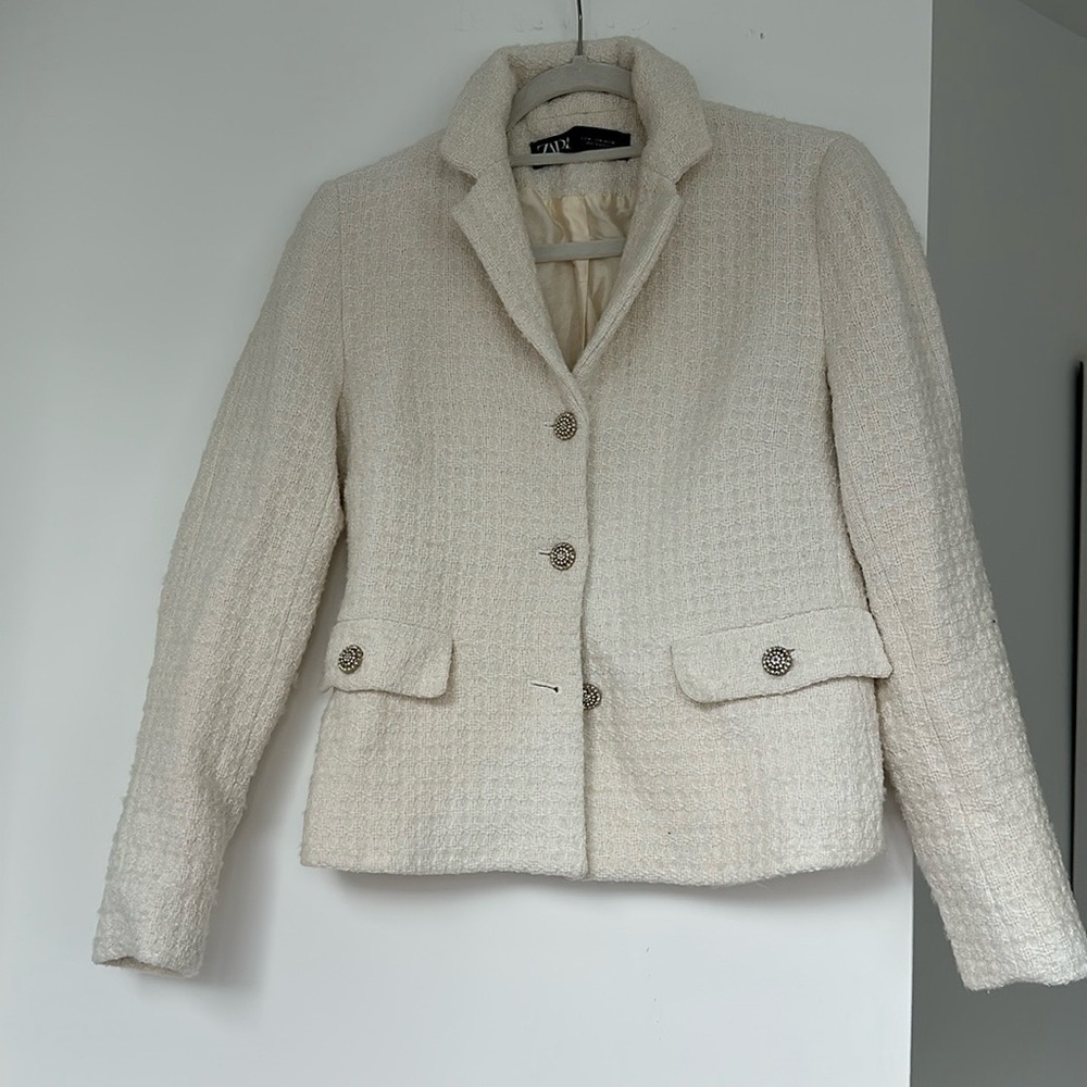 Zara Cream Tweed Blazer Jacket Women’s Medium Workwear Chic